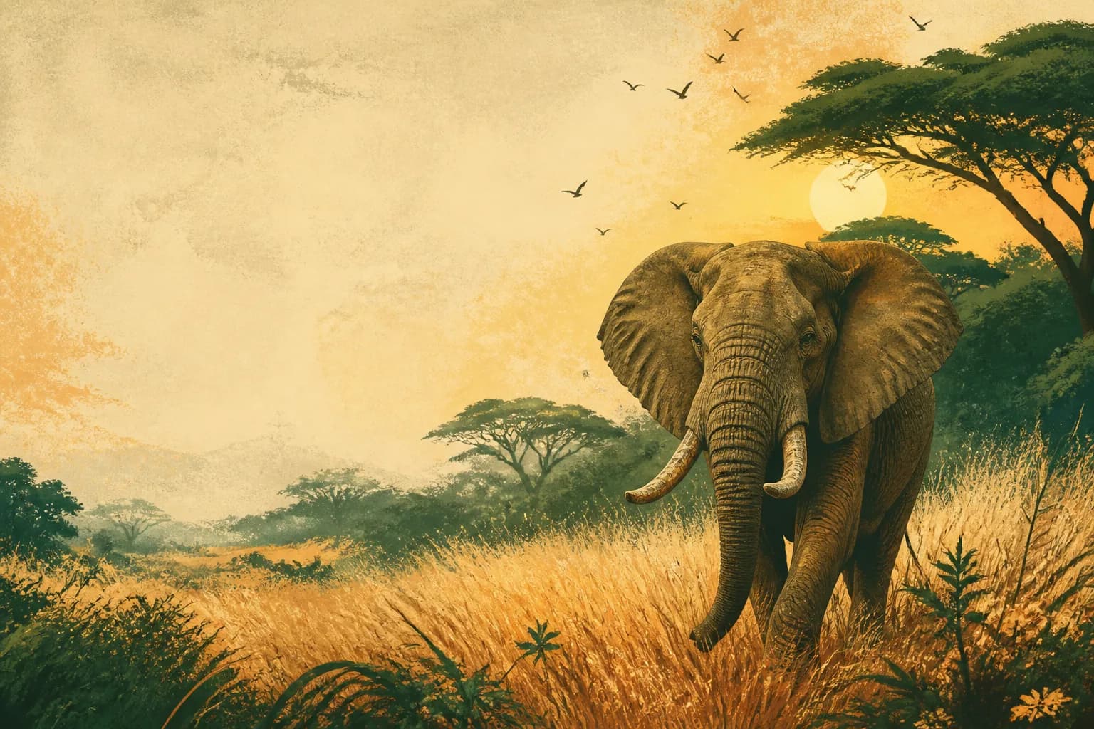 Editorial illustration of an African elephant crossing golden savanna grass at sunrise